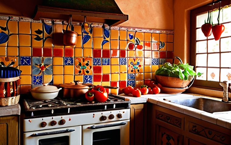 "Abuela's Kitchen"**
A warm, inviting kitchen scene bathed in sunlight. An *abuela* (grandmother), with kind eyes and a warm smile, is stirring a pot on a vintage stove. Around her are traditional Spanish kitchen elements: colorful ceramic tiles (*azulejos*), copper pots hanging from the ceiling, and a basket overflowing with fresh vegetables like tomatoes, peppers, and garlic. The air is filled with the aroma of simmering food. The overall feeling should be comforting, nostalgic, and evoke a sense of family and tradition.
**