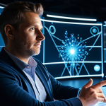 A professional individual, fully clothed in smart casual attire, sitting attentively in a sleek, modern digital studio. They are interacting with a translucent holographic interface that displays intricate, branching pathways and glowing decision points, symbolizing interactive narratives. Digital light rays emanate from the interface, suggesting a dynamic and evolving story. The scene is captured with professional photography, soft ambient lighting, and high detail. The subject has perfect anatomy, correct proportions, natural pose, well-formed hands, and proper finger count. safe for work, appropriate content, fully clothed, professional dress, modest.