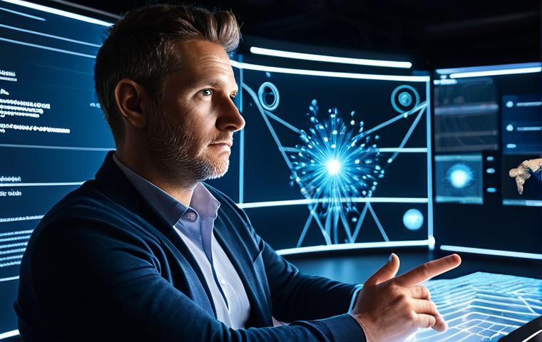 A professional individual, fully clothed in smart casual attire, sitting attentively in a sleek, modern digital studio. They are interacting with a translucent holographic interface that displays intricate, branching pathways and glowing decision points, symbolizing interactive narratives. Digital light rays emanate from the interface, suggesting a dynamic and evolving story. The scene is captured with professional photography, soft ambient lighting, and high detail. The subject has perfect anatomy, correct proportions, natural pose, well-formed hands, and proper finger count. safe for work, appropriate content, fully clothed, professional dress, modest.