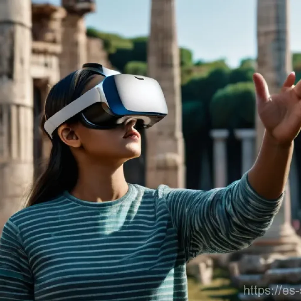 디지털 스토리텔링의 미래 전망 - A young woman, approximately 20 years old, is deeply immersed in a virtual reality experience. She i...