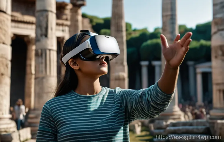 디지털 스토리텔링의 미래 전망 - A young woman, approximately 20 years old, is deeply immersed in a virtual reality experience. She i...