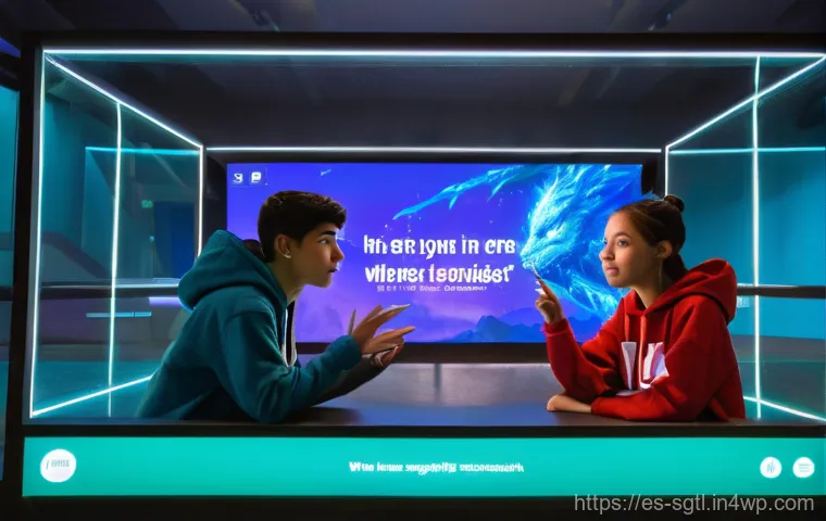 디지털 스토리텔링의 미래 전망 - A young woman, approximately 20 years old, is deeply immersed in a virtual reality experience. She i...