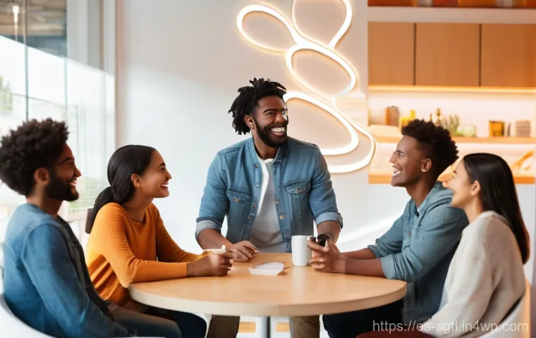 디지털 스토리의 감정적 연결 고리 만들기 - **Prompt:** A diverse group of young adults, dressed in casual, comfortable clothing, gathered aroun...