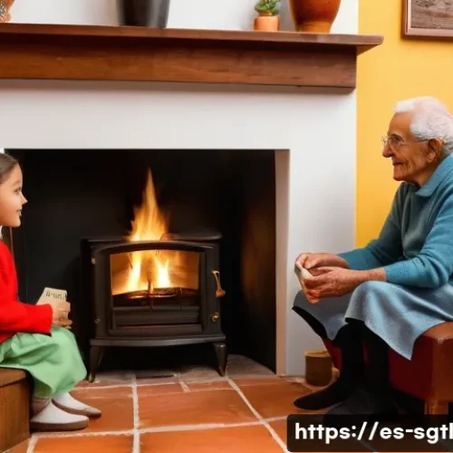 Home 26 디지털 스토리의 고전과 현대 비교 - A cozy digital storytelling scene set in a warm Spanish living room, featuring an elderly grandparen...