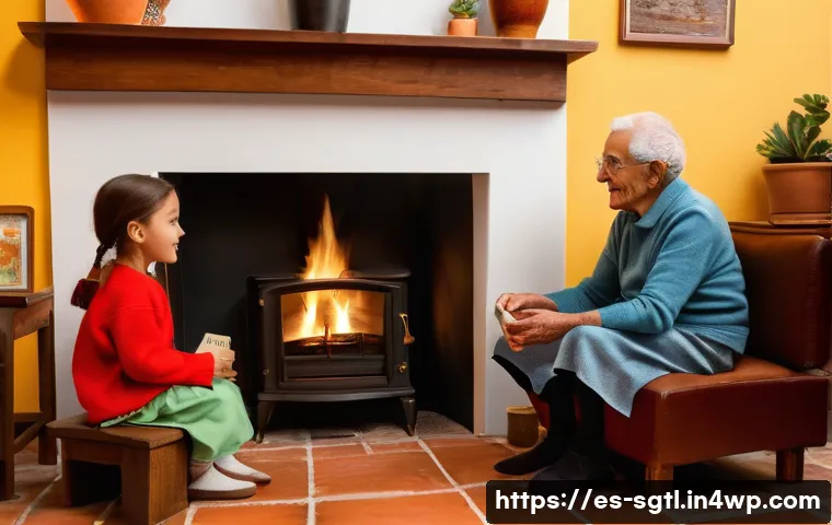 디지털 스토리의 고전과 현대 비교 - A cozy digital storytelling scene set in a warm Spanish living room, featuring an elderly grandparen...