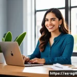 Home 19 디지털 스토리 구조화의 성공 전략 - A vibrant digital workspace scene featuring a young Hispanic professional woman engaging with a lapt...