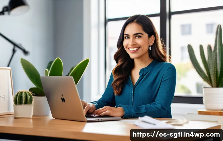 디지털 스토리 구조화의 성공 전략 - A vibrant digital workspace scene featuring a young Hispanic professional woman engaging with a lapt...