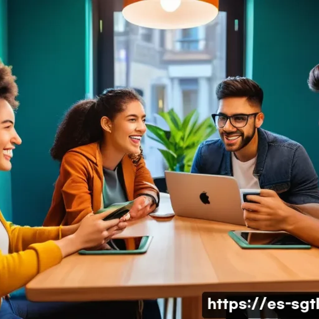 디지털 스토리텔링의 효과 분석 - A vibrant digital marketing scene showing a diverse group of young Hispanic adults engaging with imm...