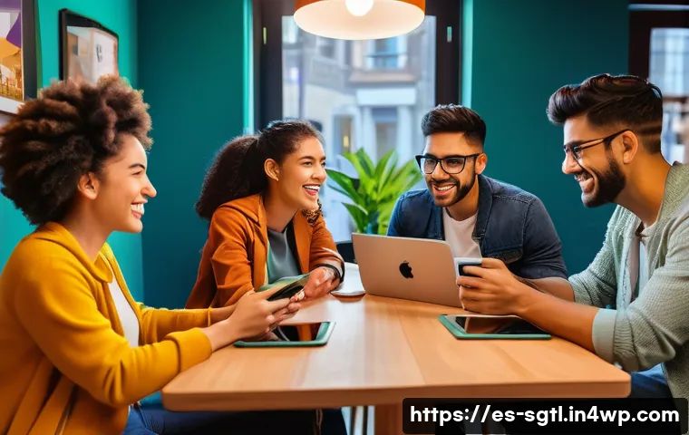 디지털 스토리텔링의 효과 분석 - A vibrant digital marketing scene showing a diverse group of young Hispanic adults engaging with imm...