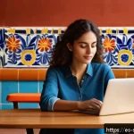 디지털 스토리에서의 반전 효과 활용하기 - A vibrant digital storytelling scene set in a modern Spanish café, showing a young Hispanic woman we...