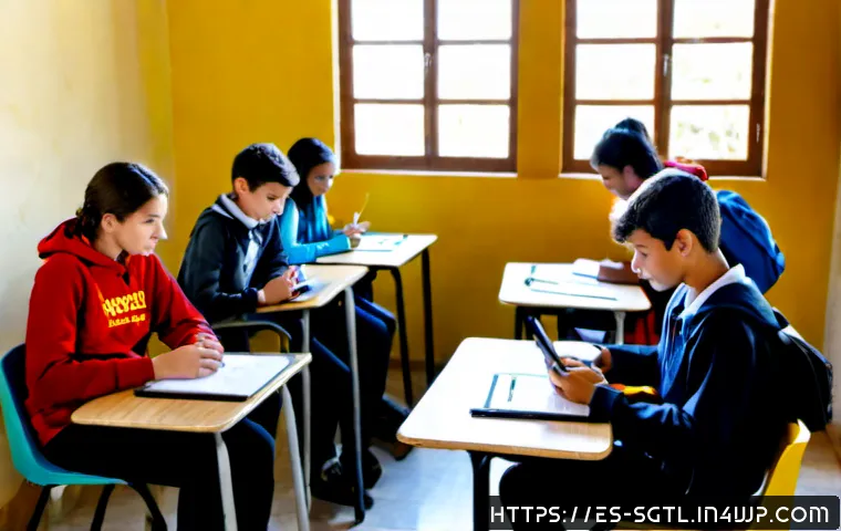 디지털 스토리의 학습 효과 분석하기 - Photorealistic classroom in a Spanish secondary school, diverse teenage students seated in small gro...